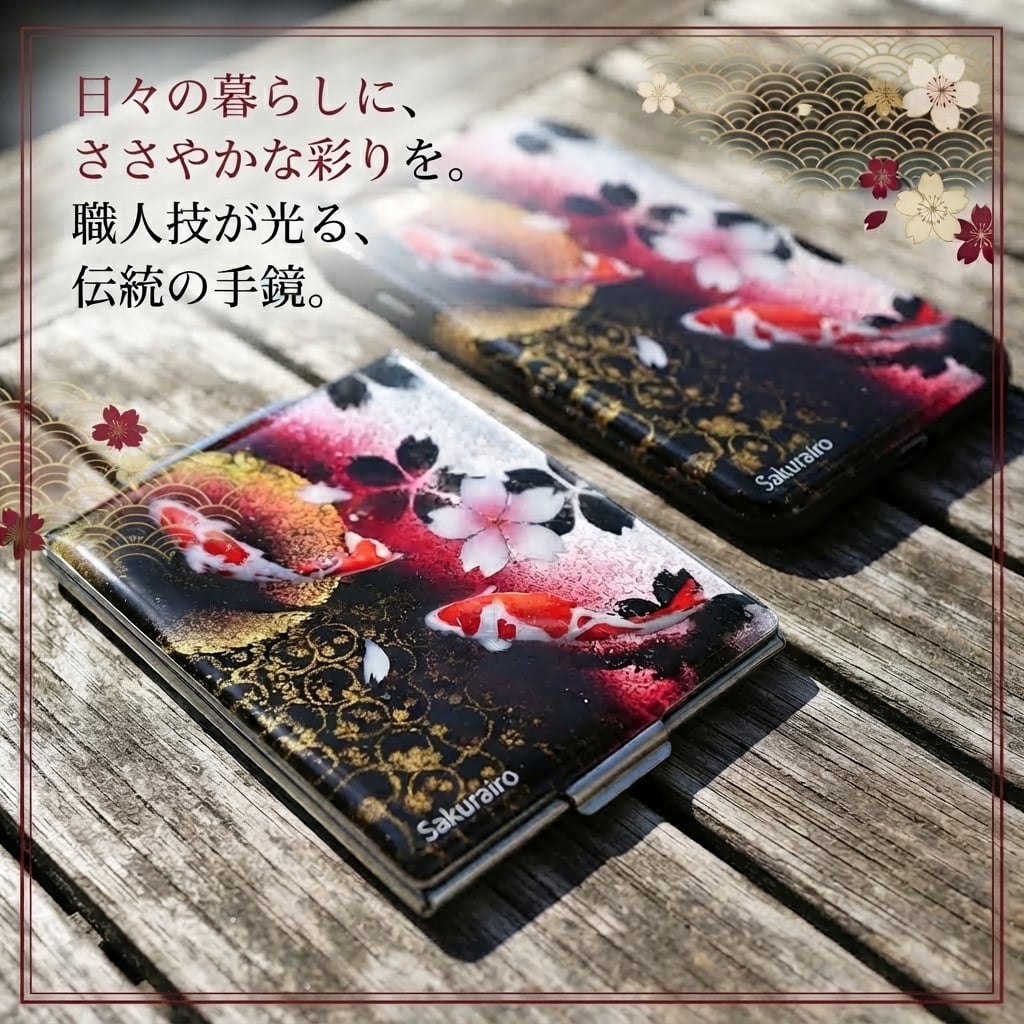 コンパクトミラー『祖』名入れ 送料無料 和柄 和風 和モダン 和雑貨 和小物 手鏡 折りたたみ 桜 伝統工芸 職人 手作り ハンドメイド 記念日 プレゼント ギフト