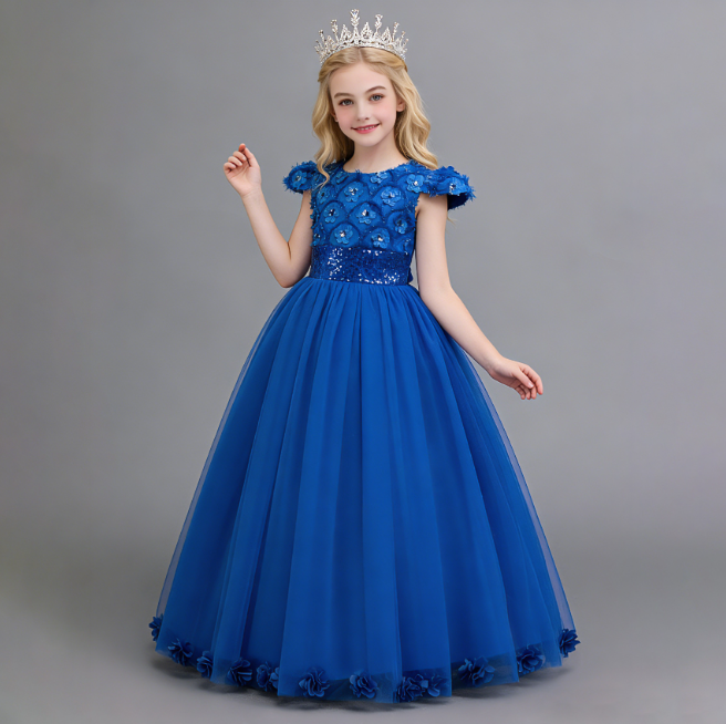 子供ドレス キッズドレス ロングドレス プリンセスドレス 発表会 結婚式 フォーマルドレス 女の子 ワンピース チュール 花柄 キラキラ お姫様ドレス 110～160cm パープル　ピンク　ブルー　レッド