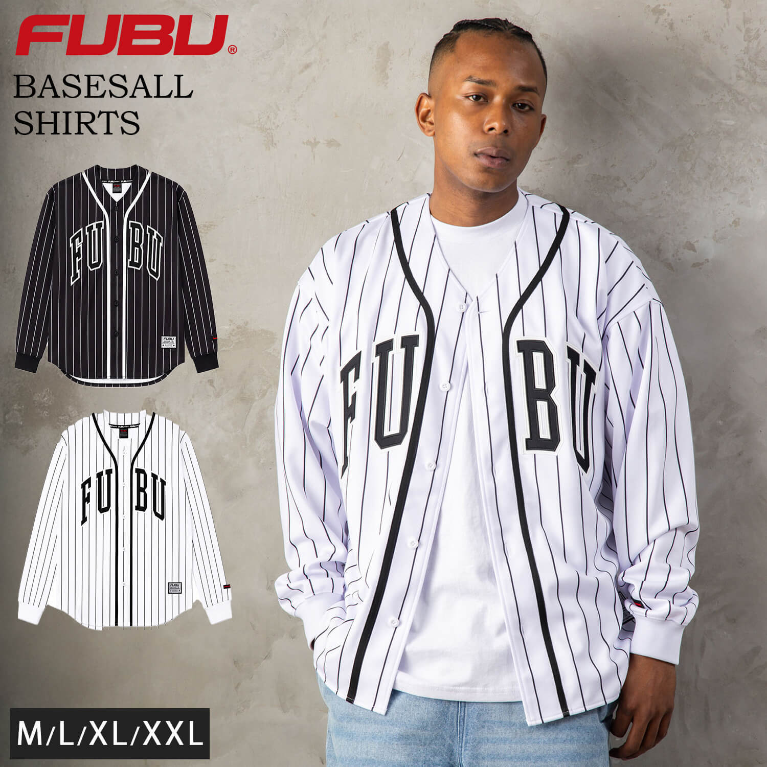 FUBU フブ ベースボールシャツ メンズ レディース fam-62714 長袖 ストライプ ユニフォーム ゲームシャツ アップリケ 刺繍 ロゴ オーバーサイズ ストリート ヒップホップ ダンス カジュアル トップス M L XL XXL 2026FW Karlas