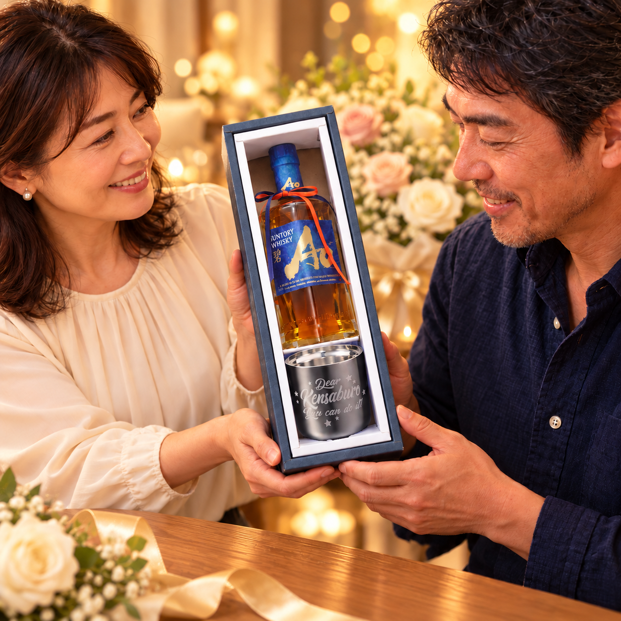 卒業 退職 名入れ ギフト SXX 酒セット サントリー ワールドウイスキー 碧 Ao 350ml & Sinqs 磨き上げタンブラー 真空断熱二重構造 260ml リボン付 ギフトBOX入り / プレゼント ギフト 退職 記念 誕生日 長寿 祝い
