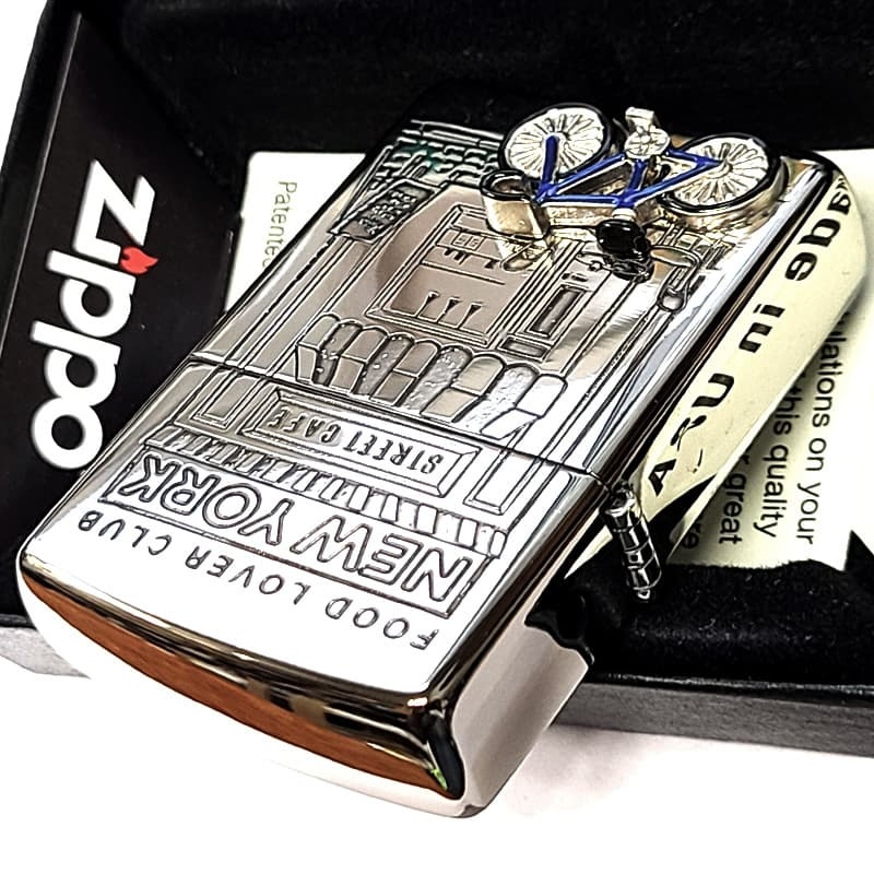 ZIPPO ニューヨーク 自転車 ジッポ ライター かわいい ブルー 重厚立体メタル 両面加工 シルバー おしゃれ 女性 NEW YORK アメリカ FOOD LOVER CLUB おしゃれ 銀 彫刻 レディース ギフト メンズ プレゼント