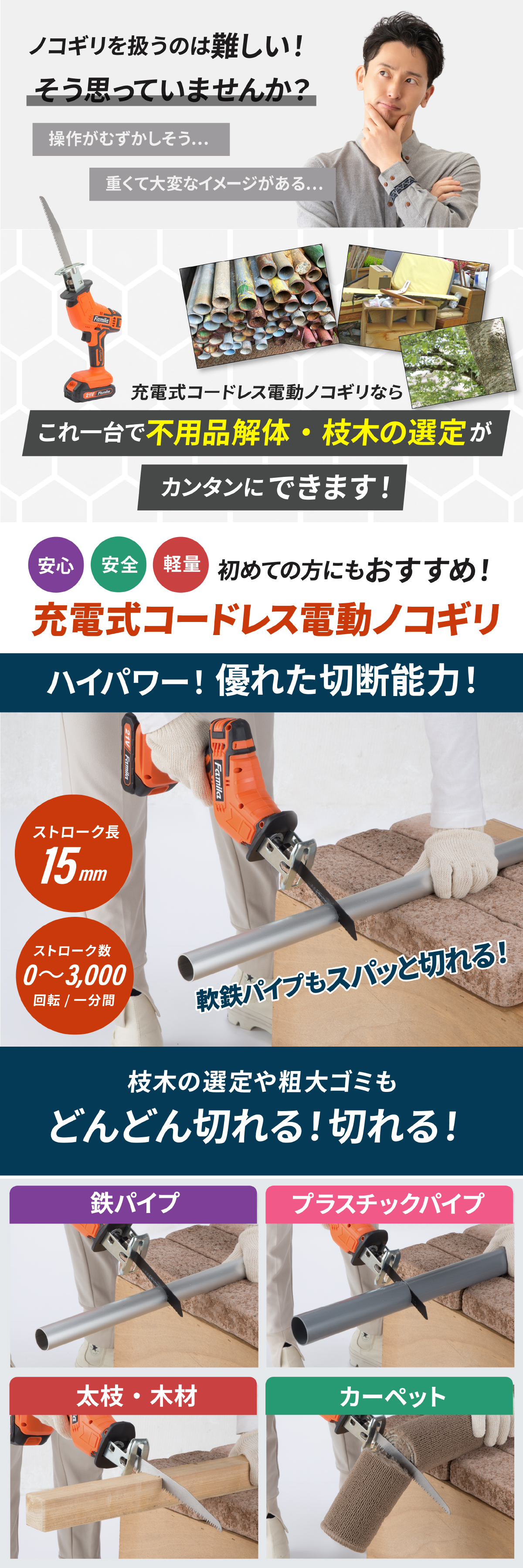 電動のこぎり 充電式 コードレスのこぎり 防刃手袋付き 予備バッテリー付き レシプロソー 最大3000回転 15mmストローク 替え刃4枚 木材 金属 プラスチック 枝切り 庭木 剪定 粗大ごみ 解体 DIY 日曜大工 LEDライト ロック機能 軽量 収納ケース 家庭用 ファミリー・ライフ