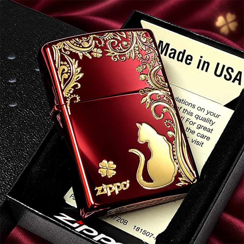 ZIPPO ライター ねこ キャット ジッポ 猫 クローバー ロゴ 四つ葉 かわいい おしゃれ ジッポー レッド 赤 ネコ 可愛い 女性 レディース メンズ ギフト プレゼント