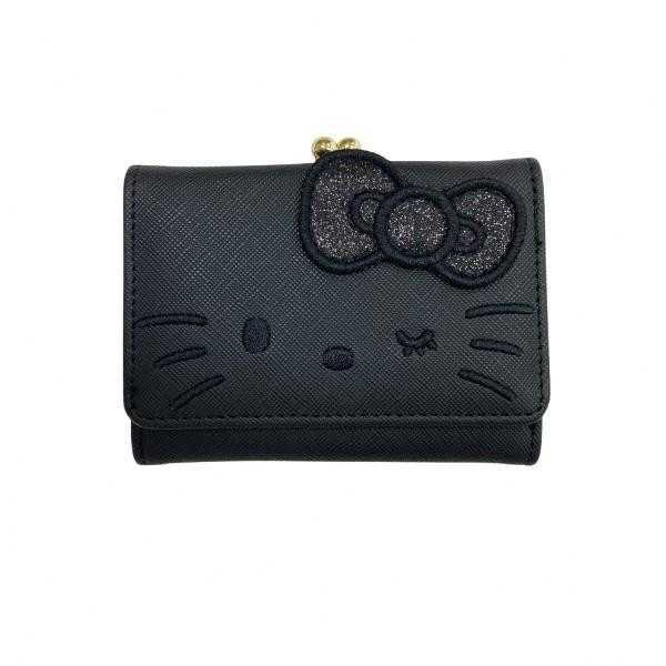 ハローキティ 財布 がま口 レディース ミニ財布 サンリオ キャラクター グッズ 合皮 ブラック 黒 リボン キラキラ ラメ 大人 可愛い おしゃれ コンパクト ウォレット 小銭入れ 三つ折り ギフト プレゼント HK82-2 サンリオ正規ライセンス品