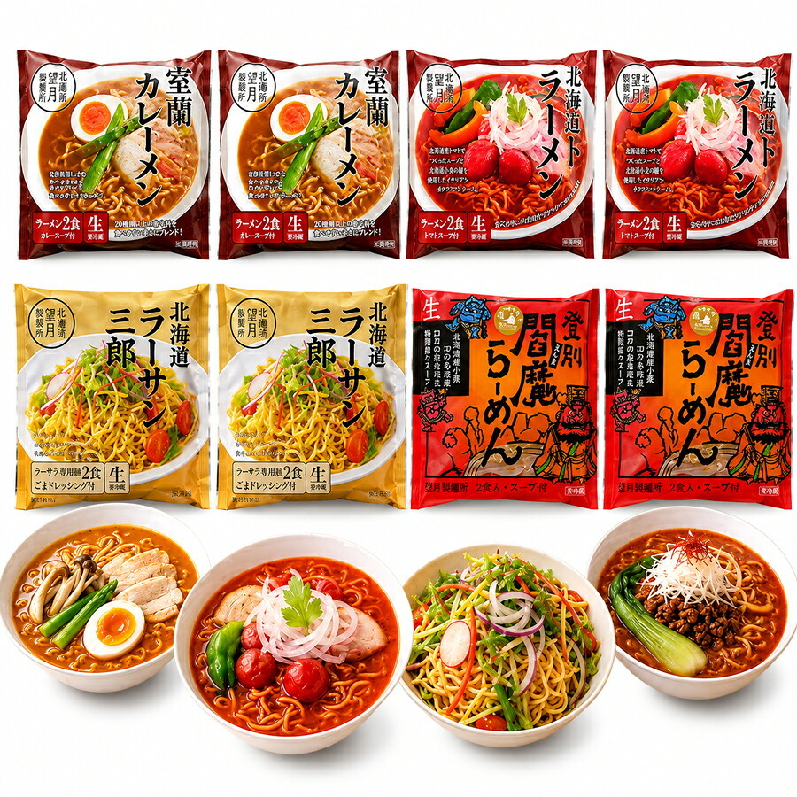 メーカー直送 望月製麺所 北海道バラエティラーメン食べ比べセット（8食）FNO3  26-6019-17 贈答品 自宅用 プレゼント 人気  お誕生日 北海道発祥のラーメンサラダや登別の閻魔ラーメン等北海道胃の個性豊かなラーメンセット