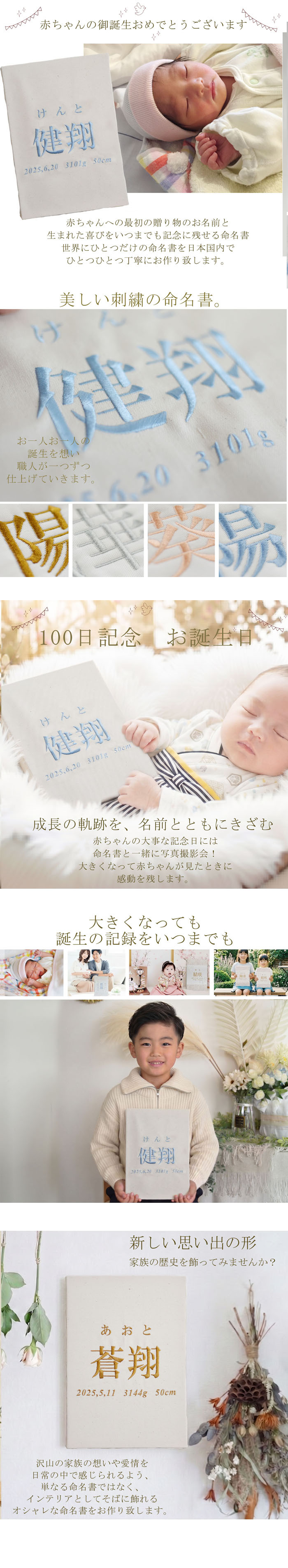 命名書　刺繍　オーダー 名前旗　アートのような命名書　命名式　赤ちゃん　名入れ　お七夜　お宮参り　100日記念　七五三　節句　初節句　インテリア　パネル　ボード　ひな祭り　こどもの日　誕生日　体重　身長　漢字　英語　日本製　出産祝い　出産記念　ベビー　帆布　生成り　caf-0102