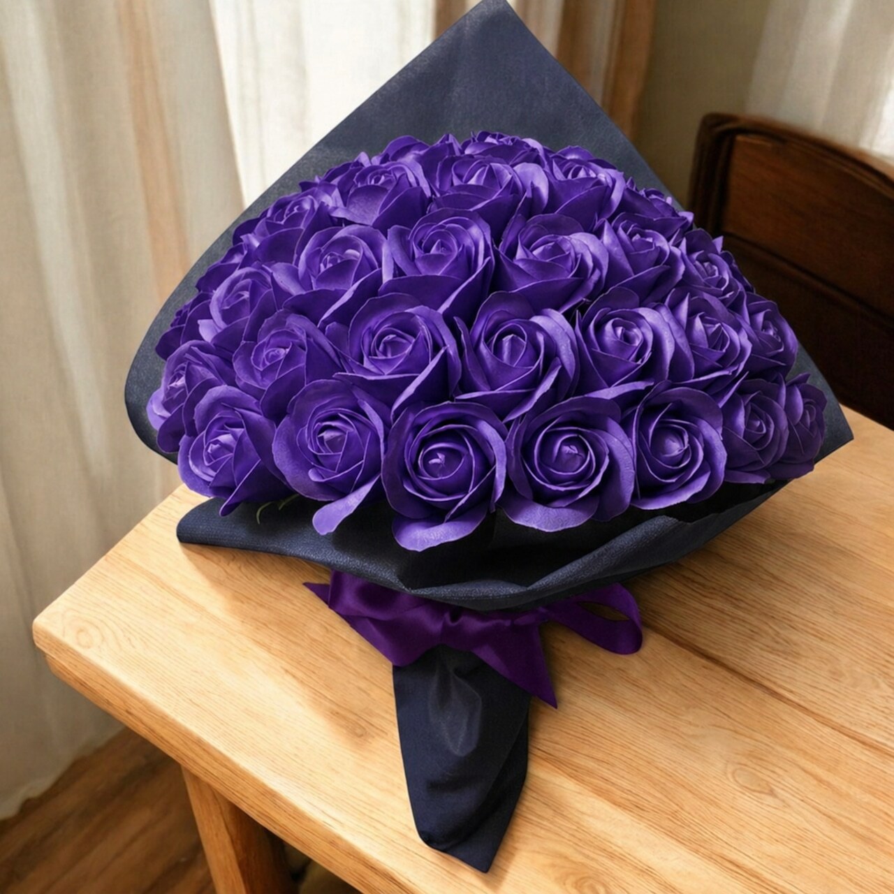 【ディープパープル】「サヴォンローズ」 花束 ブーケ バラの花束 薔薇の花束 花ギフト フラワーギフト フラワーボックス プロポーズ サプライズ ソープフラワー シャボンフラワー 石鹸フラワー 石鹸の花 石鹸のバラ 枯れない花 インテリア 母の日 父の日 敬老の日 クリスマス バレンタイン ホワイトデー 誕生日 入学 卒業 就職 結婚祝い 結婚記念日 退職祝い 記念日 