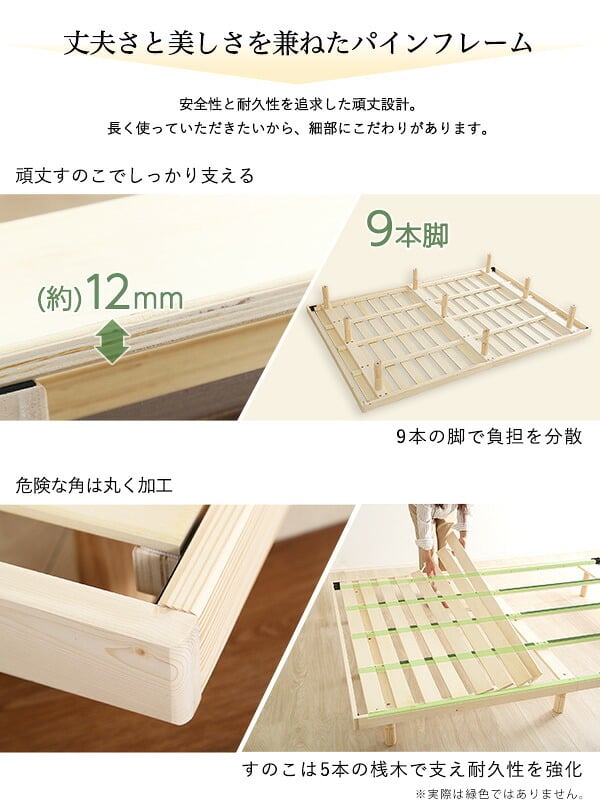 ベッド 寝具 すのこ ダブル フレーム 宮付き コンセント付き 高さ調節 天然木 パイン材 収納 北欧 おしゃれ 木製 木目 頑丈 組み立て簡単 代引不可 送料無料