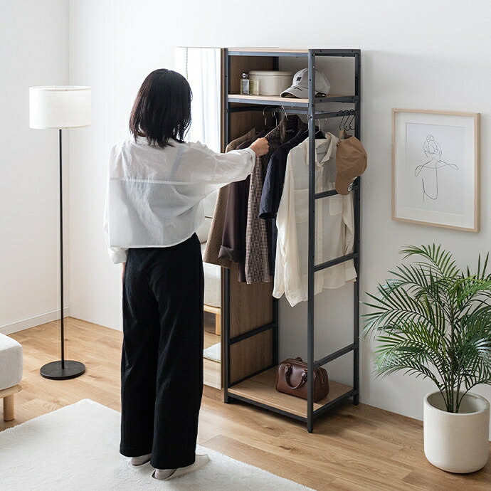 ハンガーラック ミラー付き 幅80cm 高さ170cm 全身鏡 姿見 ワードローブ 扉収納 オープン収納 ハンガーバー 衣類収納 バッグ収納 S字フック 省スペース 玄関 寝室 身支度 クローゼット おしゃれ 北欧 ナチュラル ストーングレージュ 組立品