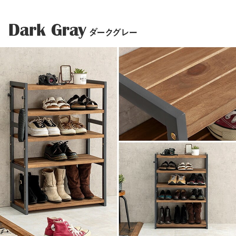 収納家具 ラック シューズ MSS-6711 棚5段/ロータイプ 幅65×奥行28×高さ92cm オープン 可動棚 高さ調整 最大18足収納 フック2個付 天然木 サンダル ブーツ 靴 選べる11パターン パイン材 シンプル ダークグレー