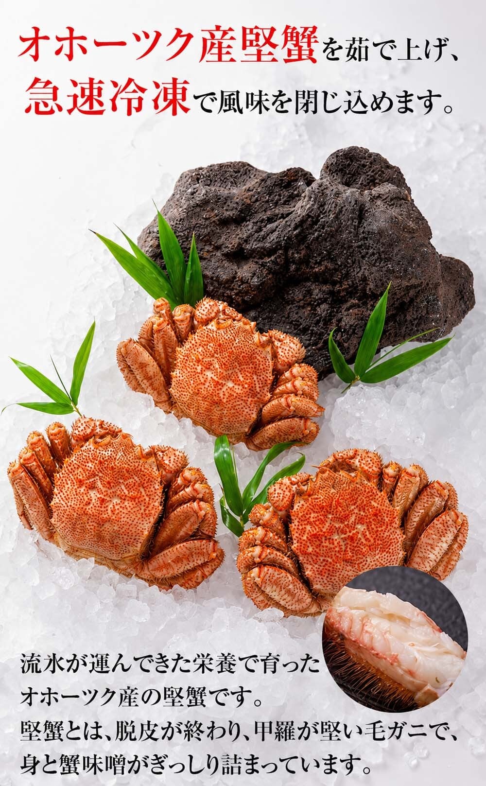 巨大な毛蟹　1ｋｇ前後　1尾入り　ボイル冷凍 北海道産の毛ガニです。毛がにの醍醐味でもあるカニ味噌とかに身と絡めてお召し上がりください