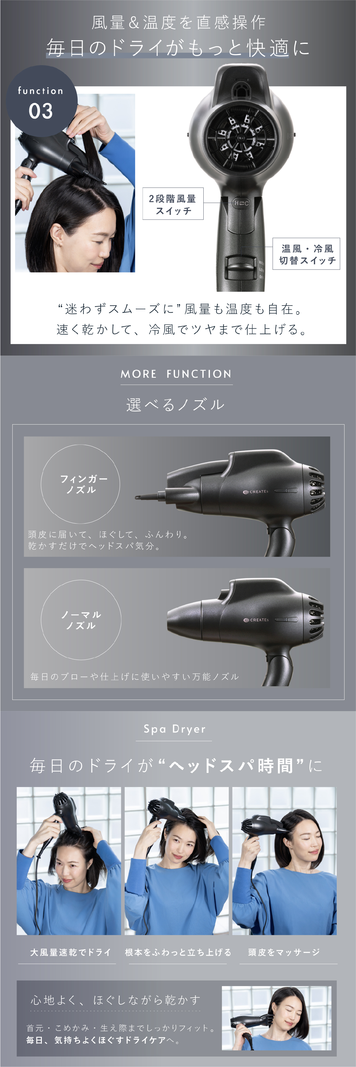 ヘアドライヤー クレイツ スパドライヤー ボリューミン CREATE ION フィンガーノズル 根元立ち上げ 根元ふんわり ボリュームアップ ペタン髪 猫っ毛 クレイツイオン マイナスイオン 1200W 軽量 ヘアケア スタイリング 美容家電 女性 母 妻 誕生日 母の日 プレゼント ギフト