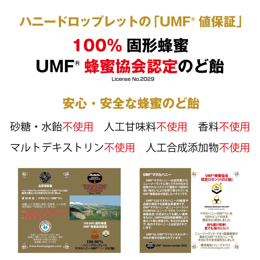 マヌカハニーUMF®15+＆ハニードロップレットUMF®15+（のど飴）2個入セットギフトパッケージ ハニージャパンの5大保証付、UMF®協会認定蜂蜜 250g＋6粒/23ｇ×2個 ハニーディッパー付