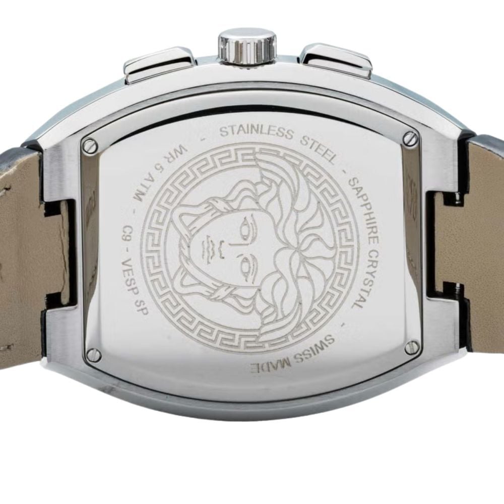 ヴェルサーチェ 腕時計 メンズ ブラック シルバー ゴールド クロノグラフ 44mm VERSACE SPORTY TONNEAU GRECA スポーティ トノー グレカ 黒 レザー 革ベルト スイス製 高級 ブランド プレゼント ギフト 卒業 入学 お祝い