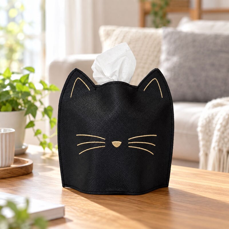 ティッシュケース 猫 ハーフサイズ ねこ ティッシュカバー おしゃれ かわいい ネコ 猫型 合皮 コンパクト 省スペース 卓上 ティッシュボックス 刺繍 ドレッサー 洗面台 リビング インテリア 韓国風 大人可愛い プレゼント ティッシュカバー 猫