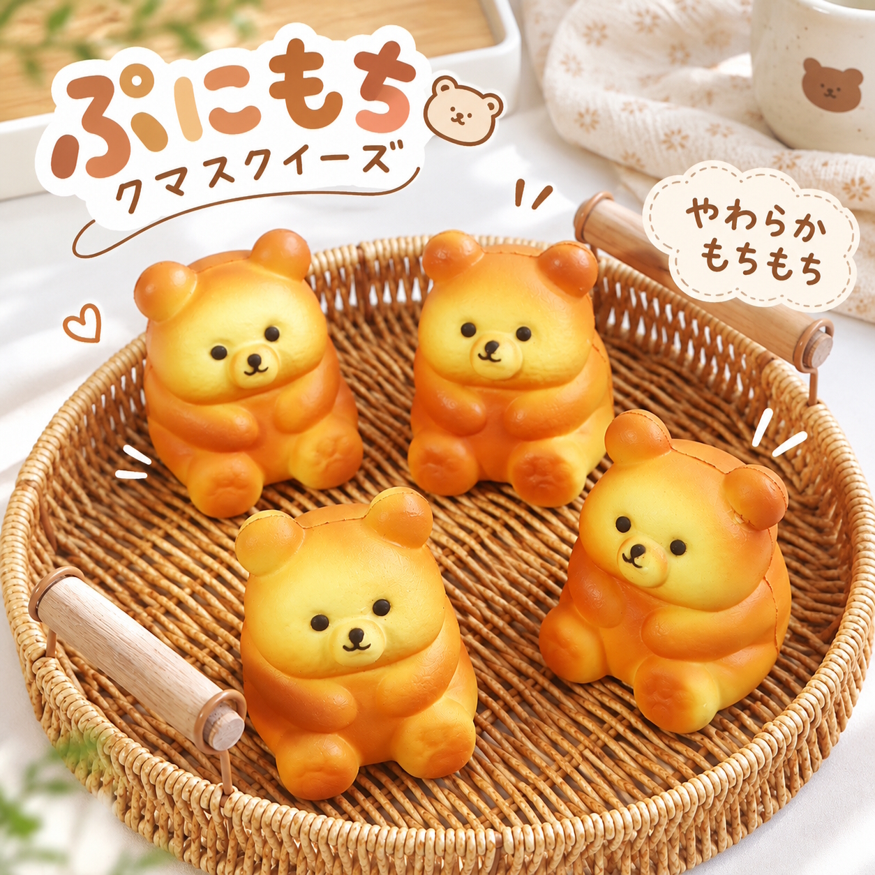 ぷにもち クマ スクイーズ トースト パン やわらか もちもち PU素材 低反発 かわいい 熊 おもちゃ 握る 癒し 雑貨 デスク インテリア 暇つぶし 気分転換 プレゼント