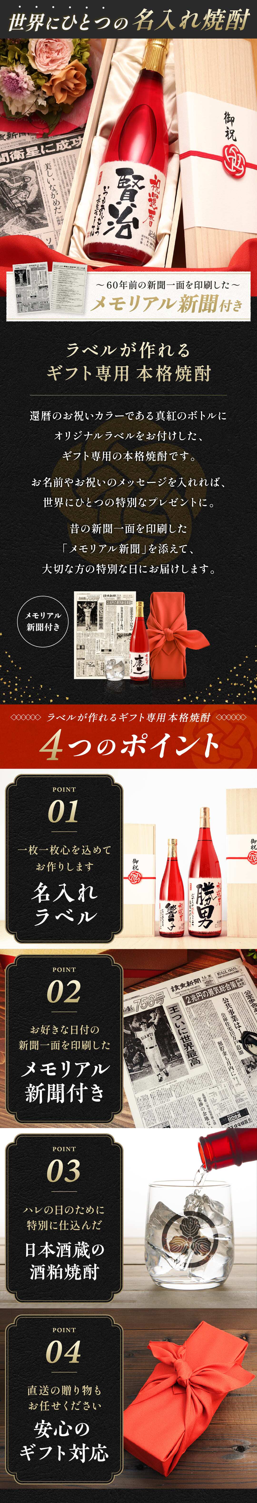 還暦のプレゼント 60歳の新聞付き 名入れ 名前入り 敬老の日 誕生日 ギフト 贈り物 男性 上司 父親 母親 赤色 即日発送  【華乃小町】720ml 酒粕焼酎