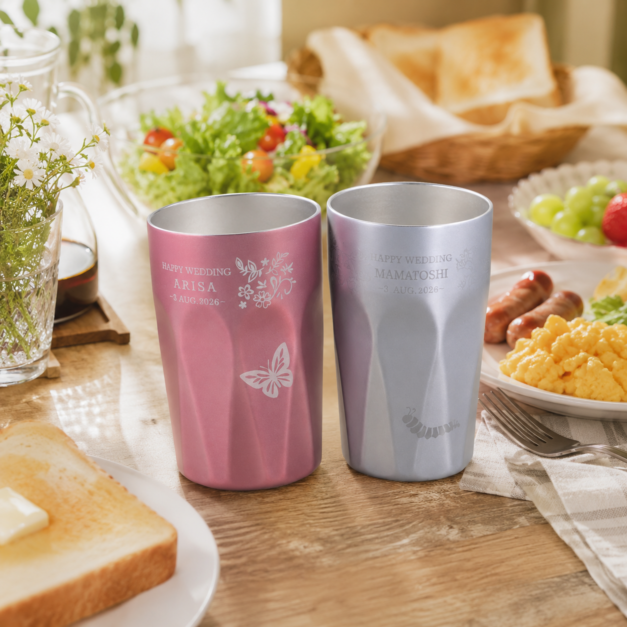 敬老の日 名入れ ペアギフト SXX THERMOS サーモス 真空断熱ダイヤカットロングタンブラー 食洗機対応モデル 400ml ピンク シャンパンゴールド 2点 ギフトBOX入り / プレゼント ギフト 両親 夫婦 結婚 金婚式 銀婚式 退職 記念 誕生日 長寿 祝い