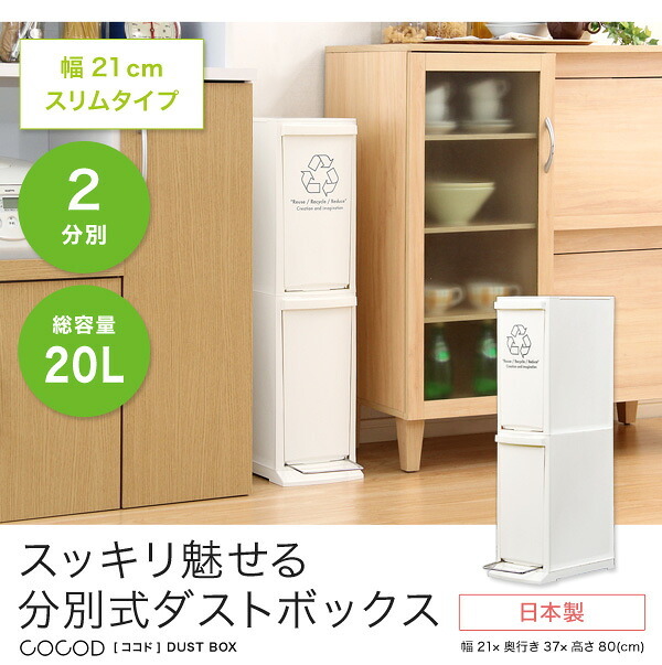 ゴミ箱 ダストボックス 日本製 縦型分別 2段 20L 幅21cm スリム 省スペース フタ付き フットペダル シンプル フラップ式 ペダル式 オープンタイプ 清潔感 プラスチック製