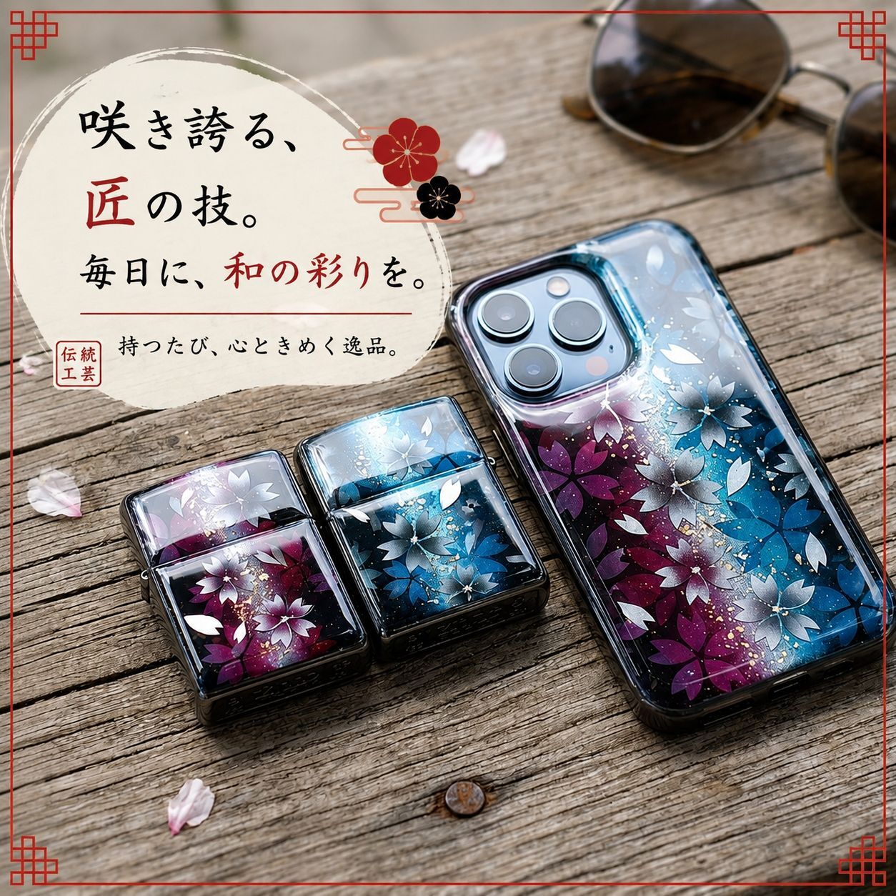 職人の手作り！和柄ペアzippo「祖」名入れ 送料無料 和風 桜 工芸 ハンドメイド ジッポ ライター 喫煙具 電子タバコ アイコス イルマ ギフト プレゼント