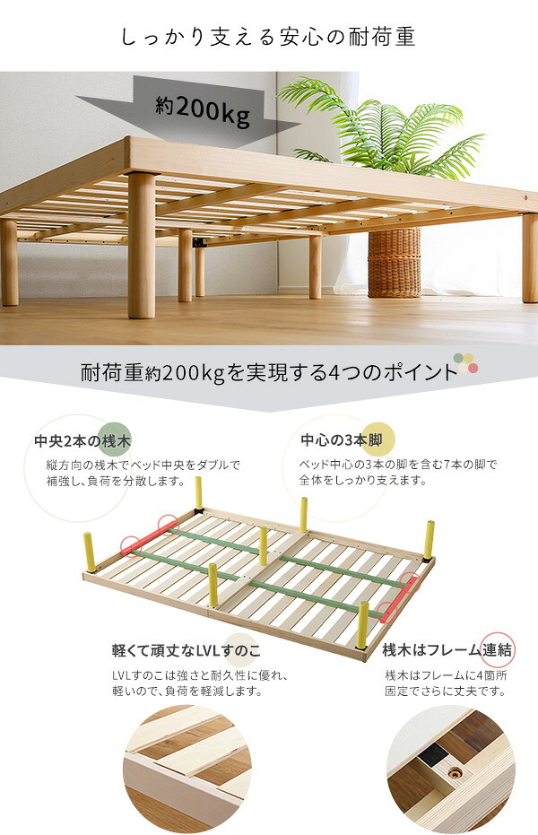 すのこ ダブル 高さ調整 パイン材 高さ調節 ナチュラル ブラウン ホワイト 木製 ヘッドレス コンパクト 省スペース ひとり暮らし 狭い部屋 子供部屋 通気性 湿気対策 汗 梅雨