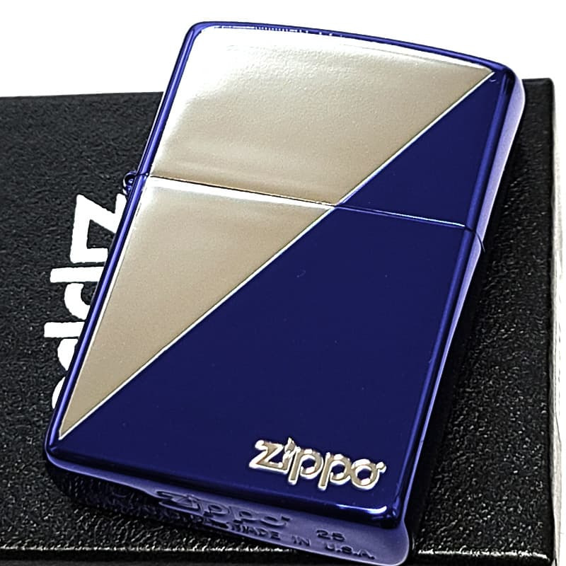 ZIPPO ライター ブルー＆シルバー ジッポ ロゴ エッチング彫刻 銀差し ギフト 青 銀 メンズ おしゃれ プレゼント かっこいい