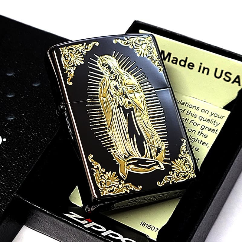 ZIPPO アベマリア ジッポ ライター おしゃれ ブラックニッケル＆ゴールド 彫刻 黒金 Ave Maria お守り メンズ レディース ギフト プレゼント