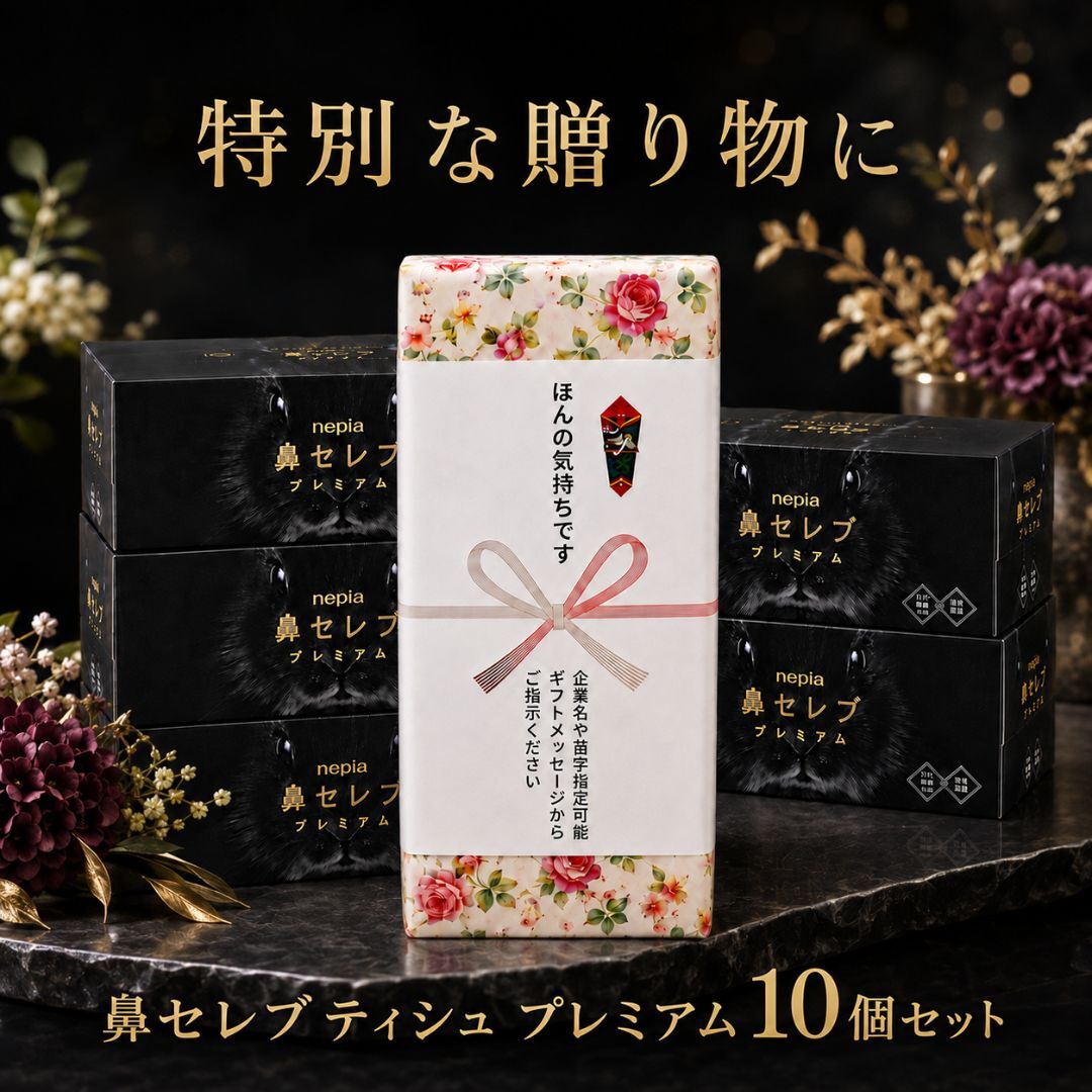 【のし+包装付き】ネピア 鼻セレブ プレミアム 10箱ギフトセット 〜極上の潤いと優しさを届ける 贅沢3枚重ねのプレミアムティッシュ〜 心を込めた贈り物・お返し・ご挨拶に
