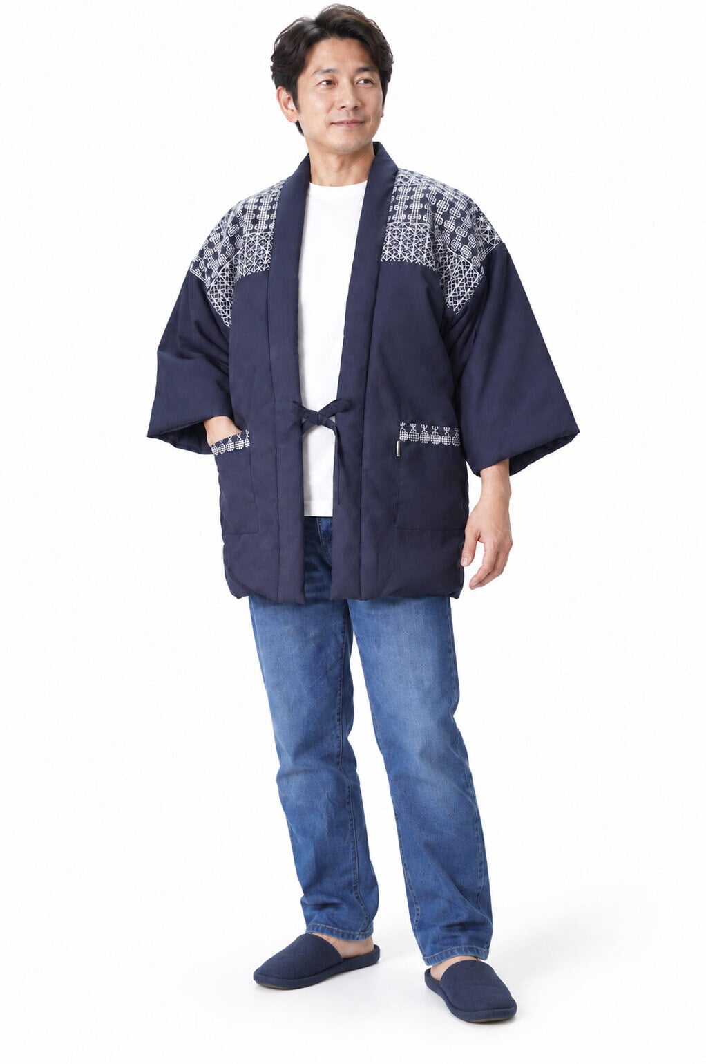 はんてん 半天 刺し子 どてら 綿入り WA-9 5203 ネイビー グレー 部屋着 メンズ 男性 防寒着 暖かい 寛ぎ着 父の日 敬老の日 ギフト クリスマス 保温 あたたかい 布団 40代 50代 60代 70代
