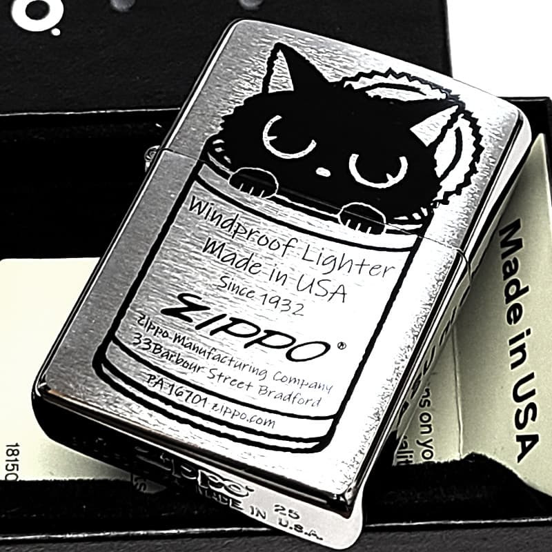 ZIPPO ネコ かわいい 缶にゃん子 ジッポ ライター シルバーサテン おしゃれ 黒猫 レディース プレゼント 女性 ギフト