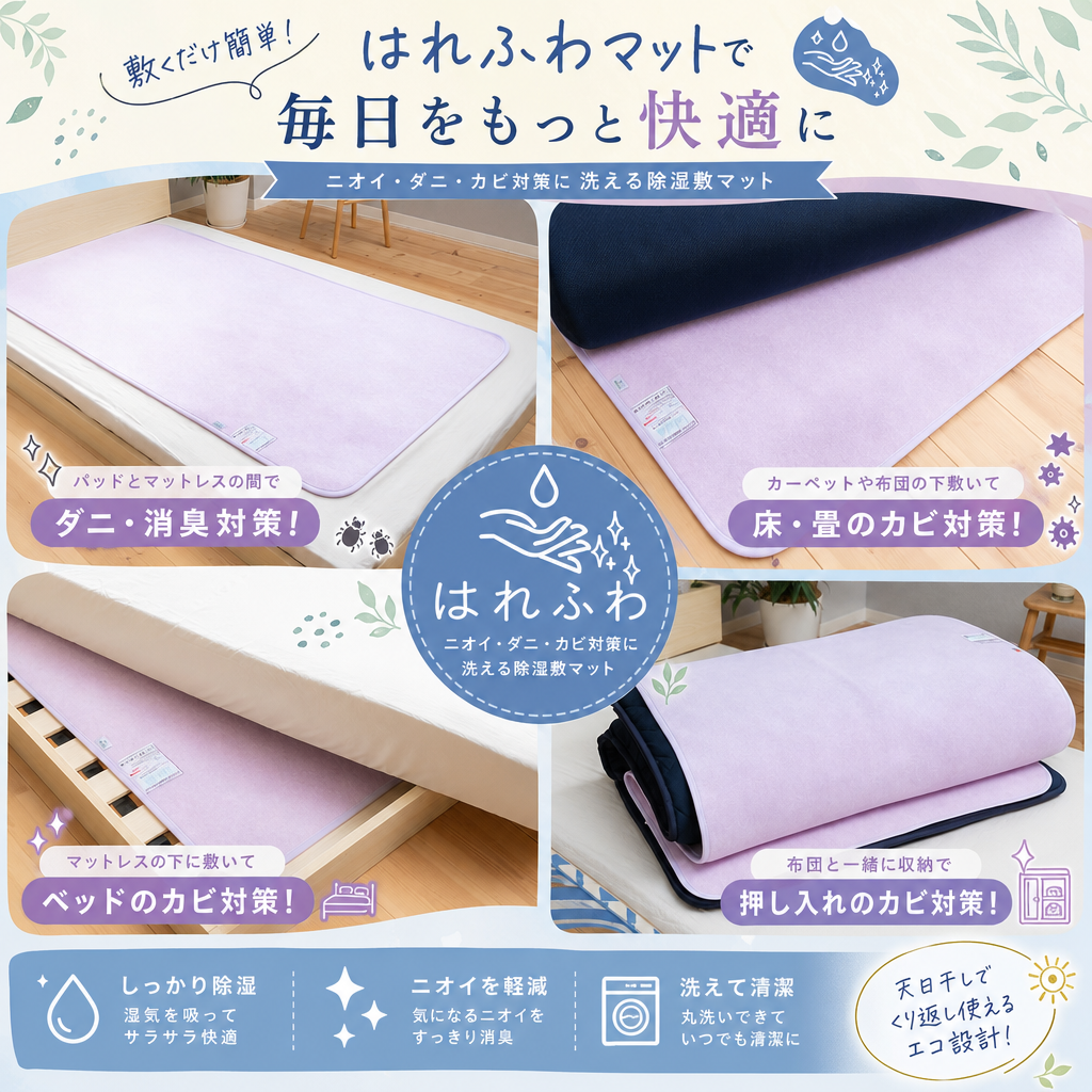 【送料無料】【ギフトラッピング無料】ベッドやふとんの下に敷くだけ湿気対策！丸洗いできる国産ダニ除け除湿マット♪ はれふわり シングル（90×180cm）【防ダニ/防カビ/消臭/除湿/丸洗いOK/日本製】