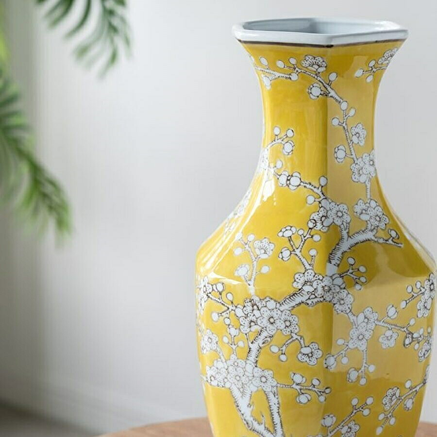 シノワズリ 花びん 六角 高さ36cm イエロー 磁器 フラワーベース 花瓶 花器 ディスプレイ 置物 風水 開運