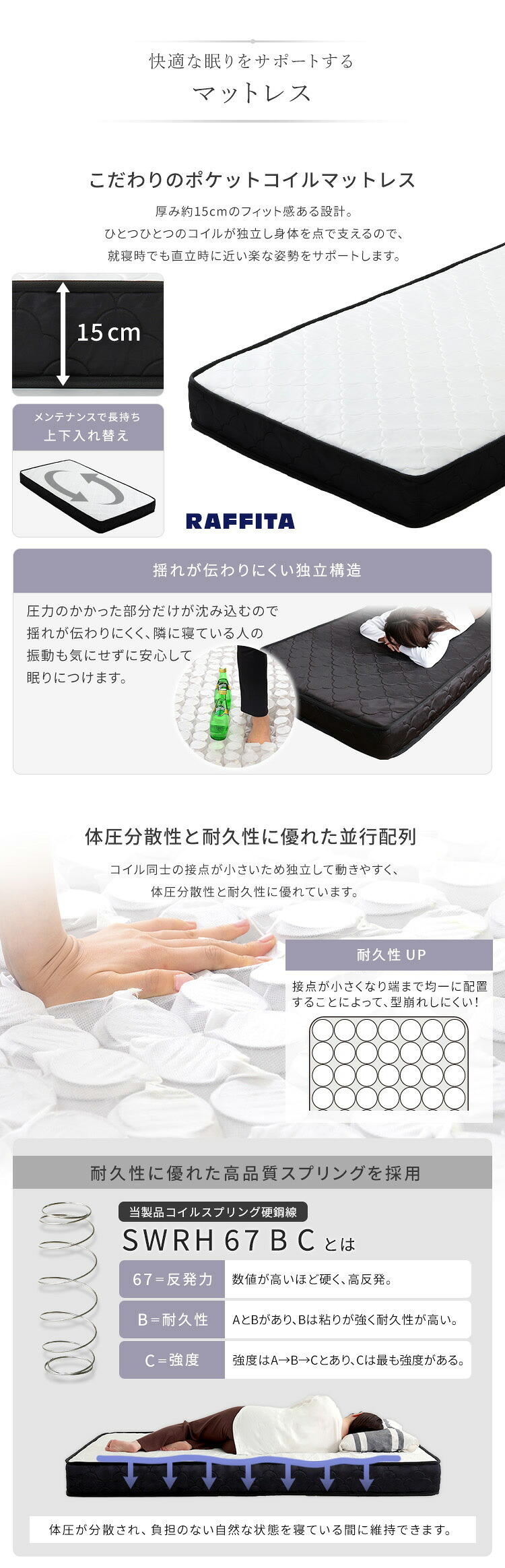 ベッド 寝具 棚・コンセント付きチェスト ポケットコイルマットレスセット(ダブル)