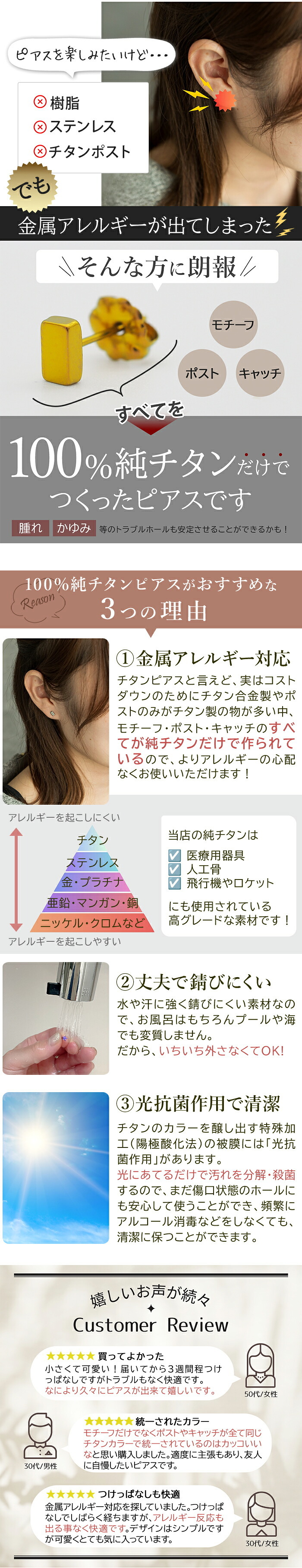 セカンドピアス チタン つけっぱなし 純チタン 長方形 四角 スクエア 金属アレルギー 日本製 ポスト 軸太0.75mm 長さ10mm 全8色 全品1個ずつバラ売り 医療用 おすすめ かわいい シンプル 小さめ ミニ 極小 人気 プレゼント