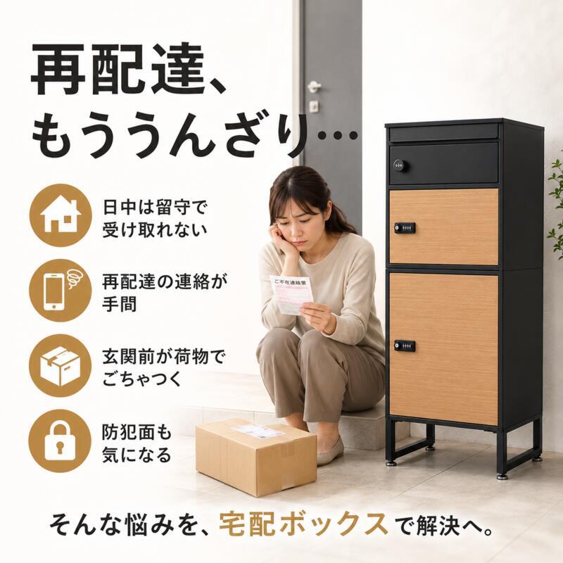 宅配ボックス ポスト一体型 2段 複数受取 3ボックス スリム 幅45cm 大容量 一戸建て用 置き型 宅配ポスト 郵便受け ダイヤル錠 鍵付き 印鑑ケース メッセージプレート 通気口 アジャスター ブラック 木目 おしゃれ