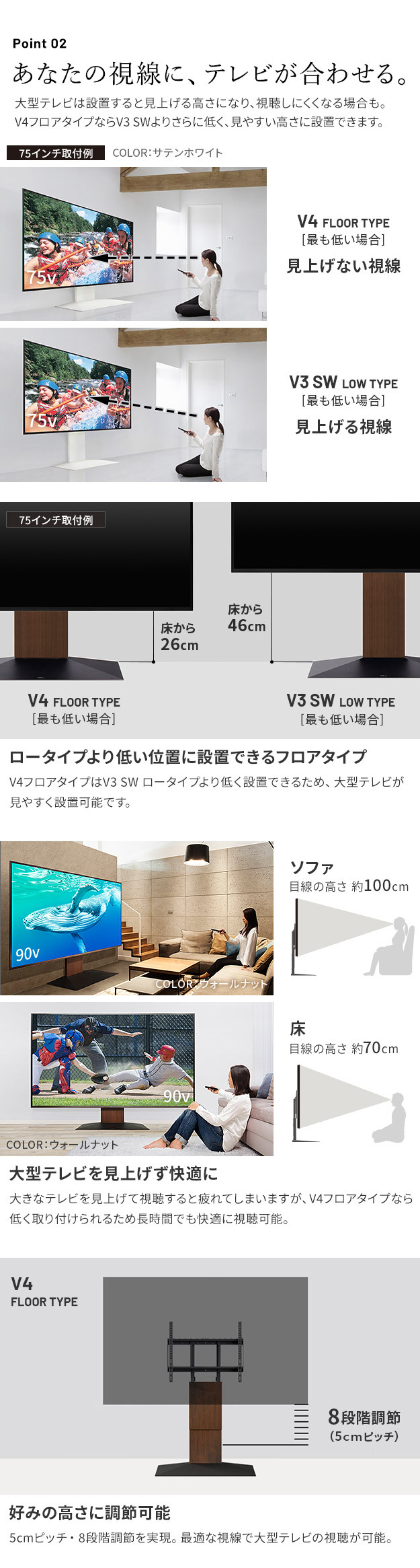WALLインテリアテレビスタンドV4+棚板セット 2点セット 50~100v対応 フロアタイプ 壁寄せテレビ台 テレビボード TVスタンド 背面収納 コード収納 ホワイト 白 ブラック 黒 ウォールナット ブラウン テレビ台