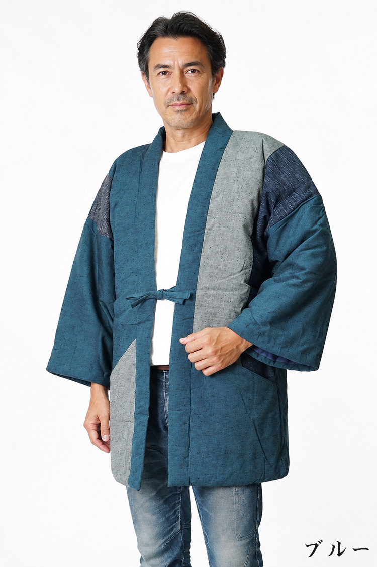綿入り はんてん 日本製 半天 どてら メンズ 紬切り替え 7270 MI-04 冬 丹前 はんてん 還暦 ちゃんちゃんこ ハンテン 部屋着 ルームウエア