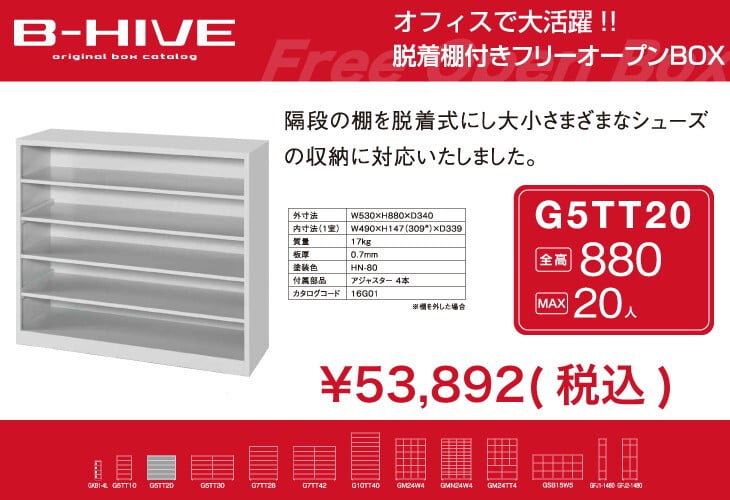 脱着棚付きフリーオープンボックス 20人用 20足用 G5TT20 B-HIVE 業務用下駄箱 シューズボックス 収納棚 送料無料 本州・四国・九州に限り