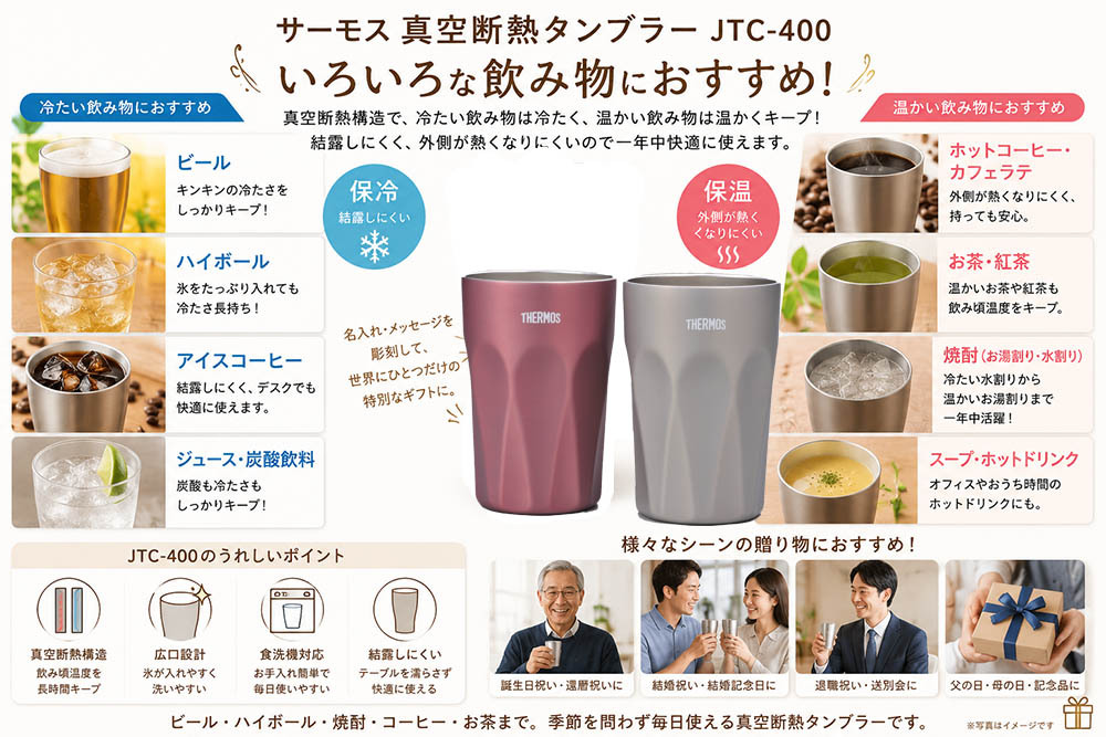 敬老の日 名入れ ペアギフト SXX THERMOS サーモス 真空断熱ダイヤカットロングタンブラー 食洗機対応モデル 400ml ピンク シャンパンゴールド 2点 ギフトBOX入り / プレゼント ギフト 両親 夫婦 結婚 金婚式 銀婚式 退職 記念 誕生日 長寿 祝い