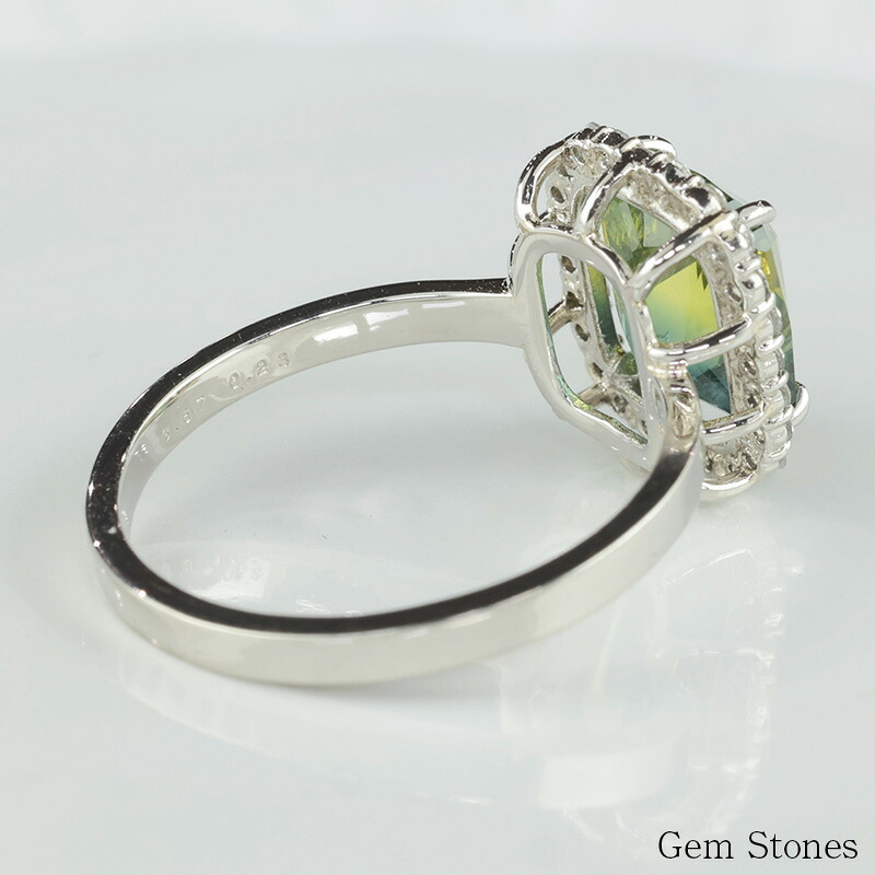 大粒 非加熱 バイカラーサファイア 3.67ct ダイヤモンド プラチナ Pt900 リング 指輪 ジュエリー 細い レディース 可愛い エレガント シンプル サファイア グリーン イエロー  誕生石 9月 Drops
