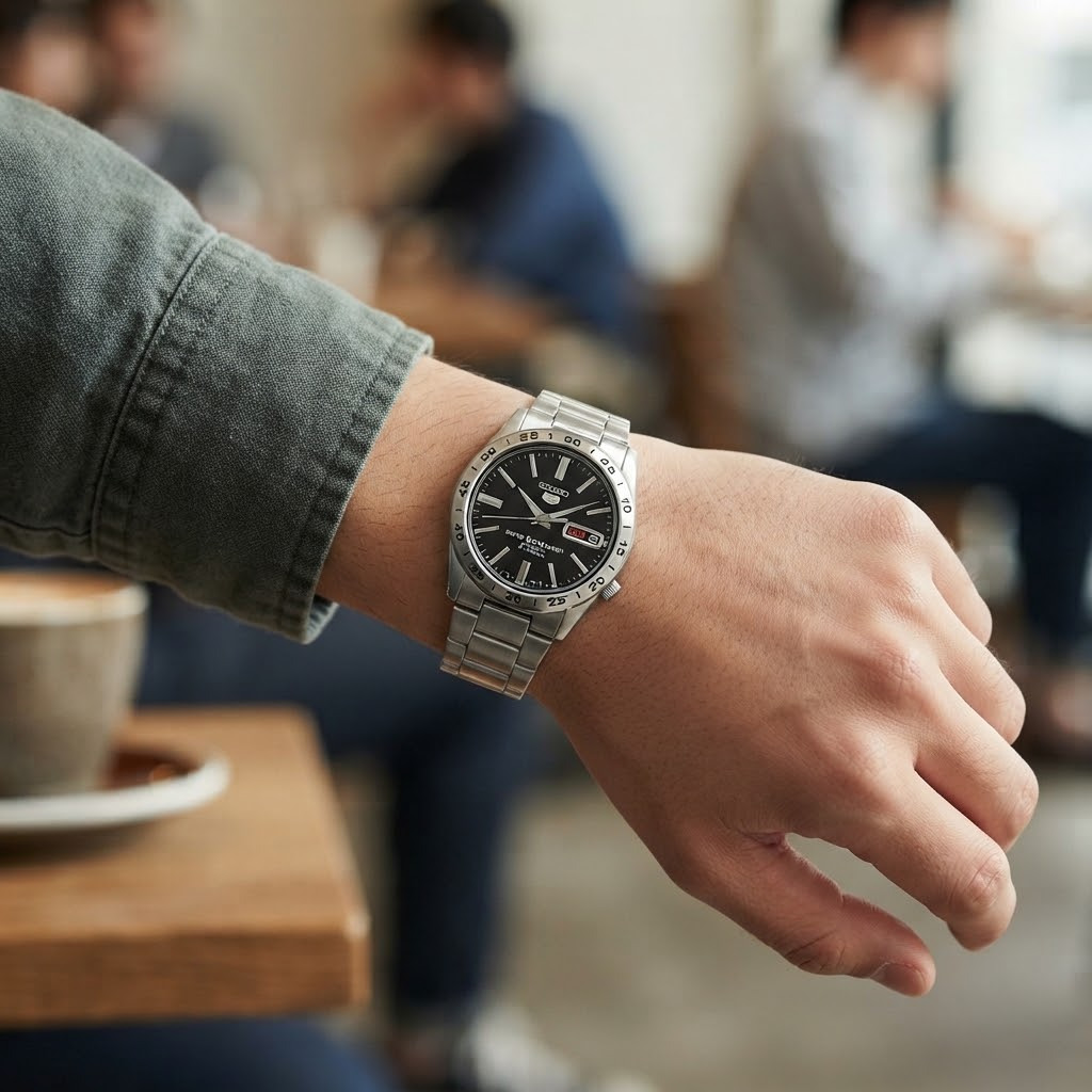 セイコー5 腕時計 メンズ 自動巻き ブラック シルバー SEIKO 5 海外モデル 逆輸入 メタルベルト 曜日 日付 裏蓋スケルトン 機械式時計 誕生日 プレゼント ギフト 収納ケース付き 成人 卒業 入学