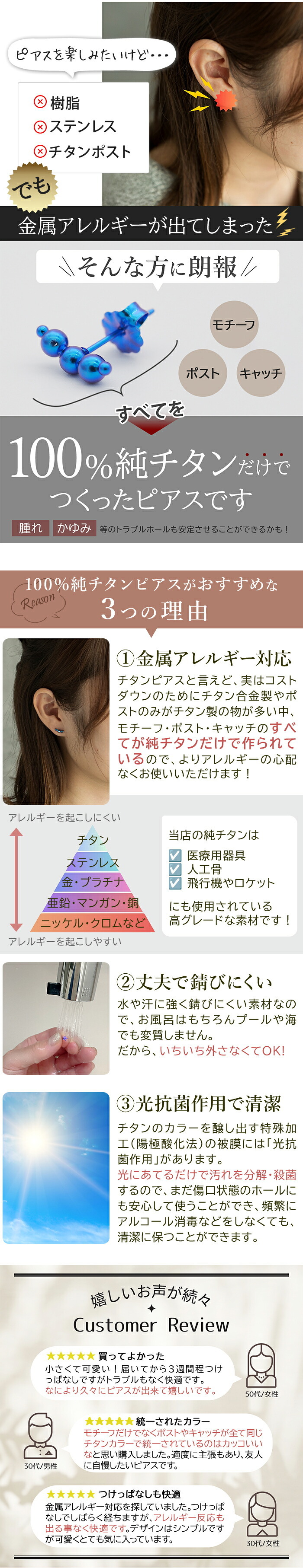 セカンドピアス チタン つけっぱなし 純チタン 3連 丸玉 スリーボール 金属アレルギー 日本製 ポスト 軸太0.75mm 長さ10mm 全8色 全品1個ずつバラ売り 医療用 おすすめ かわいい シンプル 小さめ ミニ 極小 人気 プレゼント