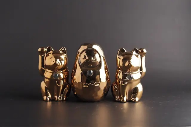 【縁起物×天然石】Jeramic開運招福セット / 招き猫×だるま / ゴールド / 3体セット / ギフトボックス付き / 瀬戸焼 置物【送料無料（北海道・沖縄を除く）】