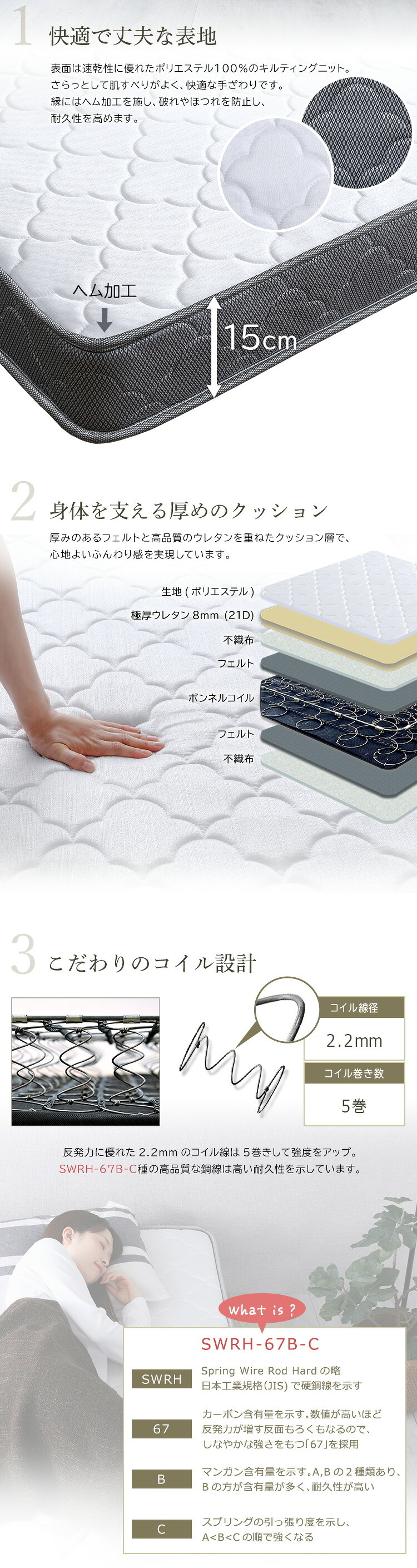 ボンネルコイルマットレス【Bonjia-ボンジーア-】セミシングルサイズ 高反発 高弾性 通気性 高通気 高品質 厚み15cm 耐久性 硬め ヘム加工 ノンホルムアルデヒド 寝具 敷きマット 寝具マット マットレス寝具 寝具用品 寝室用品 インテリア