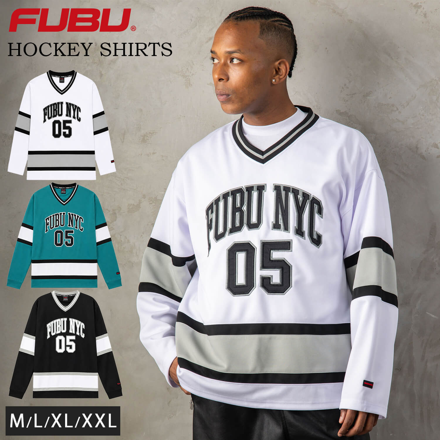 FUBU フブ ホッケーシャツ メンズ レディース fam-62712 ホッケージャージ ゲームシャツ 長袖 Vネック ナンバリング ロゴ プリント オーバーサイズ ストリート ヒップホップ ダンス カジュアル M L XL XXL 2026FW Karlas