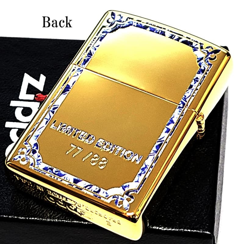 ZIPPO ライター 限定88個 レアナンバー [No.77] 一点物 廃盤 龍 ジッポ ドラゴン かっこいい 彫刻 金タンク ゴールド ブルー＆ホワイト シリアルナンバー入り 絶版 両面加工 竜 八 和柄 御守り メンズ ギフト プレゼント