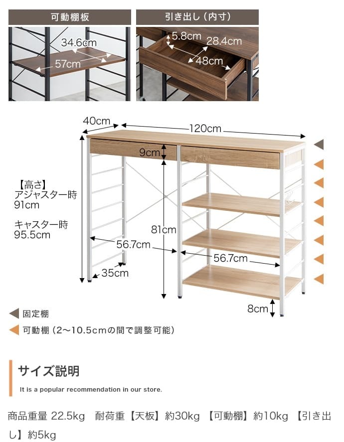 キッチンカウンター ゴミ箱収納 ゴミ箱上ラック レンジラック ダストボックス キッチンラック レンジ台 収納棚 おしゃれ 北欧 シンプル キッチン 収納 間仕切り 120cm幅 背面収納ありタイプ ：