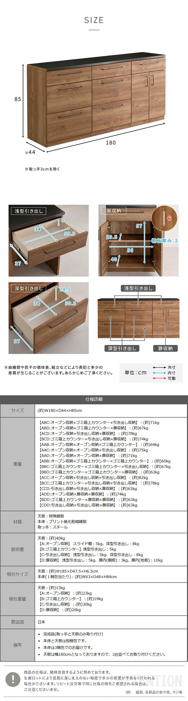 キッチンカウンター キッチン収納 日本製 特殊鋼板を使った組み合わせ 180cm 引き出し収納+引き出し収納+扉収納 新生活