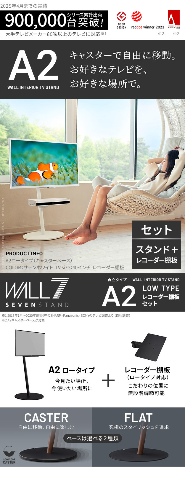 WALL SEVENSTAND セブンスタンド A2 ロータイプ+レコーダー棚板 2点セット 24~55v対応 小型 自立型 キャスター付き フラット薄型ベース TVスタンド 背面収納 部品パーツ オプション PS5プレステ5 耐震 ホワイト白 棚板付き