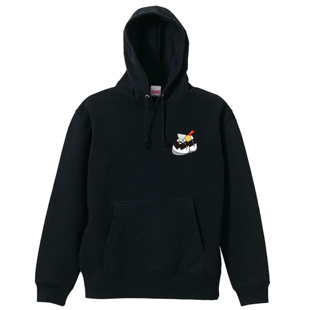 バドミントン パーカー プルオーバー メンズ レディース ジュニア 練習着 裏パイル おもしろ 名入れ スウェット おしゃれ キッズ 大きいサイズ 文字入れ無料 「シャトル in 天むす」 アートワークスコウベ 【送料無料】